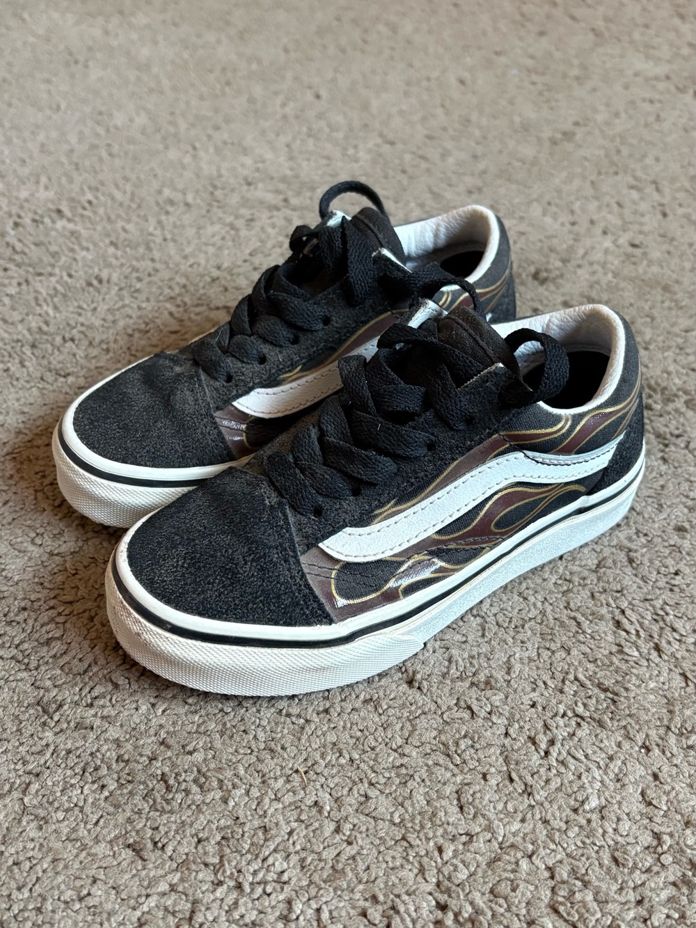 Vans Kids Black Sneakers with White Stripe and Flame Detail